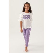 U.S. Polo Assn.  Lisanslı Floral Text Krem Kız Çocuk Pijama Takımı
