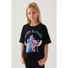 Stitch Angel Siyah Kız Çocuk T-Shirt