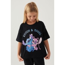 Stitch Angel Siyah Kız Çocuk T-Shirt