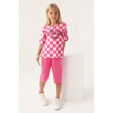 U.S. Polo Assn. Lisanslı Plaid Toz Pembe Kız Çocuk Kapri Takım