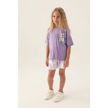 U.S. Polo Assn. Lisanslı Heart Printed Mor Kız Çocuk Şort Takım