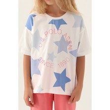 U.S. Polo Assn. Lisanslı Star Printed Krem Kız Çocuk Kapri Takım