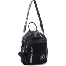 Nas Bag Kadın Dönüştürülebilir Sırt ve Omuz Çantası Şık Geniş Fermuarlı Çanta (24X31X14 Cm) Siyah Simli