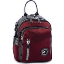 Nas Bag Kadın Dönüştürülebilir Sırt ve Omuz Çantası Şık Geniş Fermuarlı Çanta (24X31X14 Cm) Bordo  Simli