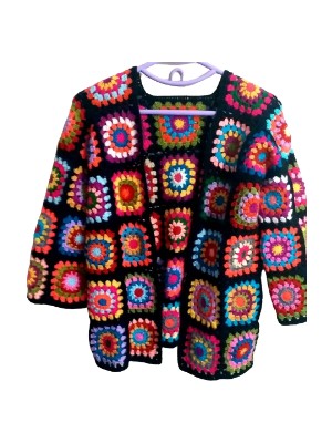 El&Ma El Örgüsü Etnik Otantik Motifli Siyah Kadın Hırka