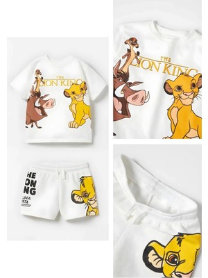 NSE Çocuk Aslan Lion King Baskılı Pamuklu Bisiklet Yaka Beyaz T-Shirt ve Şort Alt Üst Takım