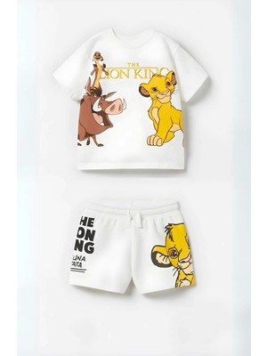 NSE Çocuk Aslan Lion King Baskılı Pamuklu Bisiklet Yaka Beyaz T-Shirt ve Şort Alt Üst Takım