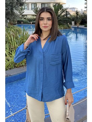 New Laviva Kadın Indigo V Yaka, Uzun Kol, Airobin Kumaş, Arkası Pliseli, Salaş Gömlek