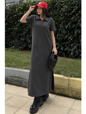 New Laviva Kadın Antrasit Polo Yaka Kısa Kol Yırtmaçlı Basic Model Uzun Salaş Elbise