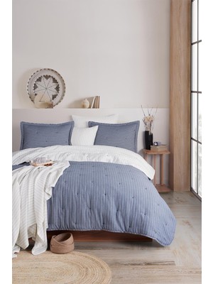 İyi Geceler İstanbul Soft Dreams Indigo Çift Kişilik %100 Pamuk Natural Yatak Örtü Seti