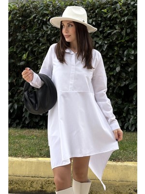 New Laviva Kadın Beyaz Gömlek Yaka Uzun Kol Asimetrik Kesim Salaş Midi Tunik Elbise