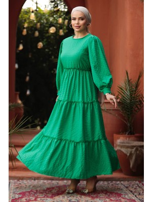 Neva Style Kat Piliseli Yeşil Tesettür Elbise 3033Y