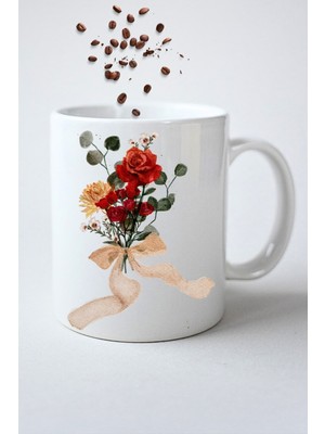 Caisya Gül Buketi Arajman Baskılı Hediye Kupa Bardak Porselen Çay Kahve Fincanı