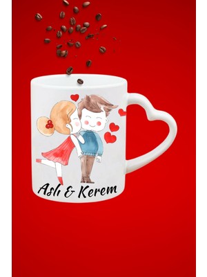 Caisya Isimli Kişiye Özel Sevgili Çift Aşk  Baskılı Hediye Kalp Kupa Bardak Porselen Çay Kahve Fincanı