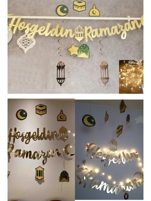 Hayaller Dükkanı  Ramazan Süsleri 6'lı Tavan Sarkıt Süs, Hoşgeldin Ramazan Altın Yazı ve LED