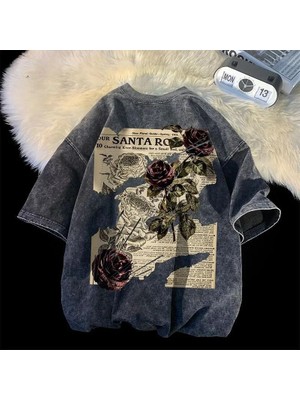 Touz Moda Yıkamalı Streetwear Rose Baskılı Unisex Oversize Vintage T-Shirt