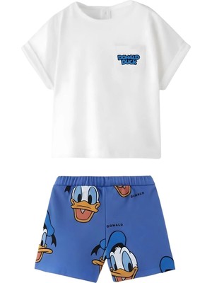 NSE Unisex Bebek & Çocuk Donald Duck Baskılı Pamuklu Bisiklet Yaka Beyaz T-Shirt ve Şort Alt Üst Takım