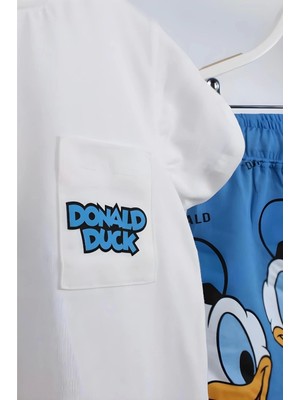 NSE Unisex Bebek & Çocuk Donald Duck Baskılı Pamuklu Bisiklet Yaka Beyaz T-Shirt ve Şort Alt Üst Takım