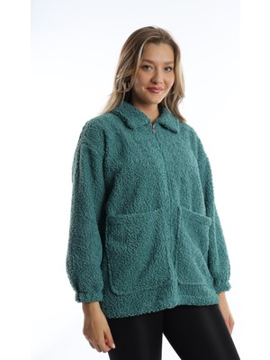 Polo State Kadın Fermuarlı Stoper Detaylı Kıvırcık Peluş Ceket Petrol