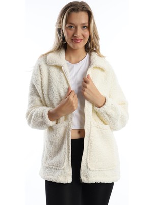 Polo State Kadın Fermuarlı Stoper Detaylı Kıvırcık Peluş Ceket  Ekru