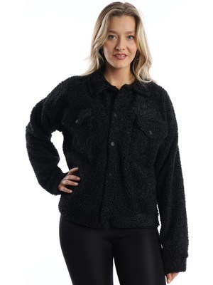 Polo State Kadın Çıt Çıt Kapamalı Kıvırcık Peluş Ceket  Siyah
