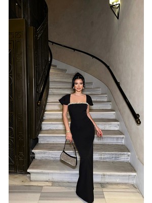 Eyyo Siyah Taş Detay Midi Elbise Abiye Stil Uzun Kol Balık Silüet Ate-0842