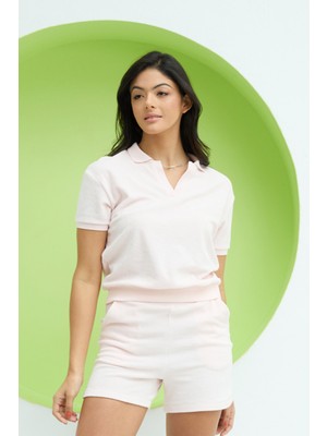 Polo State Kadın Havlu Kumaş Polo Yaka T-Shirt Pembe