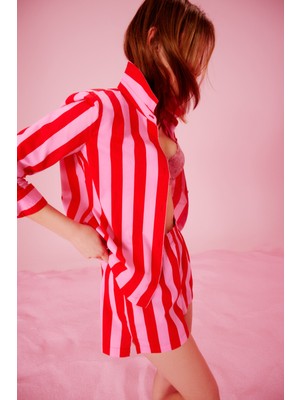 Penti Elle Colored Stripe Kırmızı Gömlek Şort Pijama Takımı