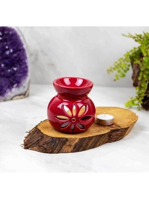 Best Gift Tealight Mum Hediyeli Kırmızı Seramik Lotus Çiçeği Motifli Buhurdanlık Mumluk