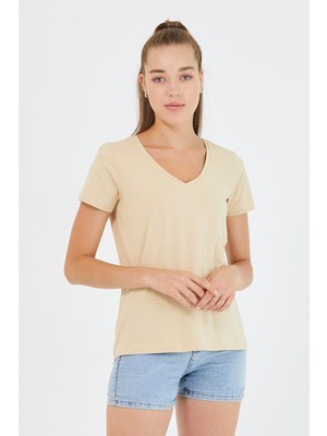 Polo State Kadın %100 Pamuk V Yaka Regular Kalıp T-Shirt Bej