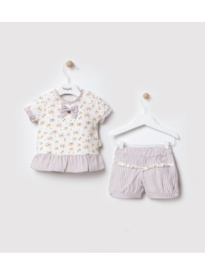 Babydola Marin Desen Çiçekli Bayramlık Kız Bebek Takım Kahve 941
