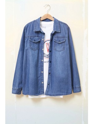 Wikiland Mavi Logolu Tişörtlü Jean Gömlekli Erkek Çocuk 2li Takım 17718