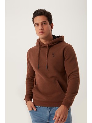 Polo State Erkek İskelet Nakışlı 3 İplik Kapüşonlu Sweatshirt Kahverengi