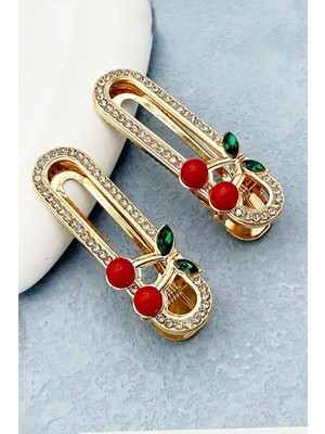 New Obsessions Vişne Figürlü Kristal Taşlı Elips Metal Pens Yan Toka 2'li Paket