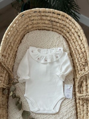 Florije Baby Fırfırlı Organik Yenidoğan Uzun Kollu Body Gül Kurusu El Işi Işlemeli