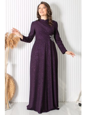 Modaviki Simli Taş Baskı Detaylı Abiye Mürdüm MDA2424