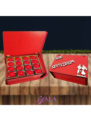 Bolçi Seni Seviyorum Yazılı Ahşap Kutu Etiketli Çikolata 32 Adet Sevgililer Günü Özel