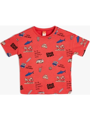 Koton Tişört Yaz Temalı Baskılı Kısa Kollu Pamuklu