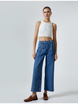 Koton Geniş Kısa Paça Kot Pantolon Düğmeli Yüksek Bel - Sandra Jeans