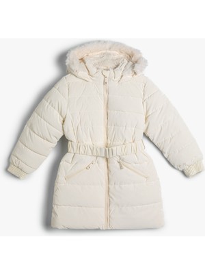 Koton Uzun Şişme Mont Peluş Kapşonlu Kemer Detaylı Cepli