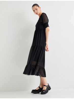 Koton Maksi Tül Elbise Astarlı Kısa Balon Kollu Işlemeli Katlı Fırfırlı