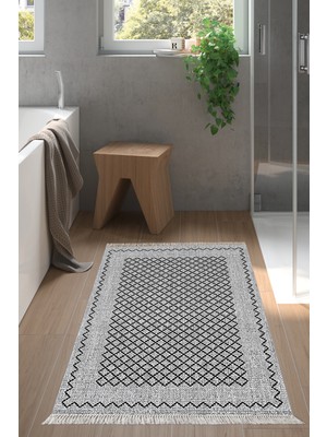 Dekoreko Dijital Banyo Halısı Trend Keçe Kaymaz Taban Saçaklı Modern Christie Gri