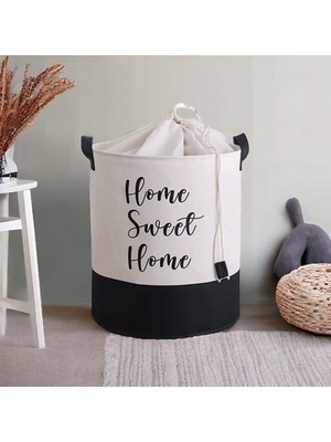 Prendi Home Beyaz Kumaş Home Sweet Home Baskılı Çok Amaçlı, Dekoratif, Oyuncak Sepet