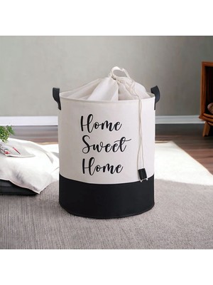 Prendi Home Beyaz Kumaş Home Sweet Home Baskılı Çok Amaçlı, Dekoratif, Oyuncak Sepet