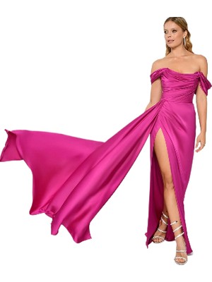 ALFABETA Yırtmaç Detaylı Düşük Kol Açık Fuşya Kadın Abiye 2245649