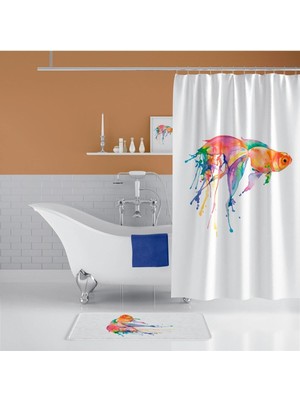 Tropik Home Goldfish Banyo Paspası, Püsküllü Banyo Paspas Takımı, Renkli Balık Desen Banyo Perdesi ve Paspası