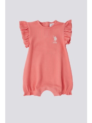 U.S. Polo Assn. Lisanslı Pembe Kız Bebek Tulum Ribbed Pamuklu Kısa Kol Düz Desenli