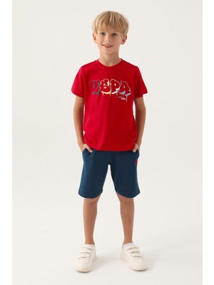 U.S. Polo Assn. Lisanslı Graphic Written Kırmızı Erkek Çocuk Bermuda Takım