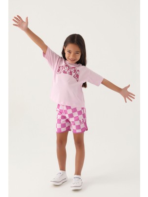 U.S. Polo Assn. Lisanslı Plaid Mor Kız Çocuk Şort Takım