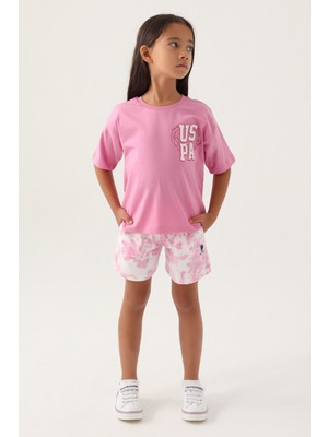 U.S. Polo Assn. Lisanslı Heart Printed Pembe Kız Çocuk Şort Takım